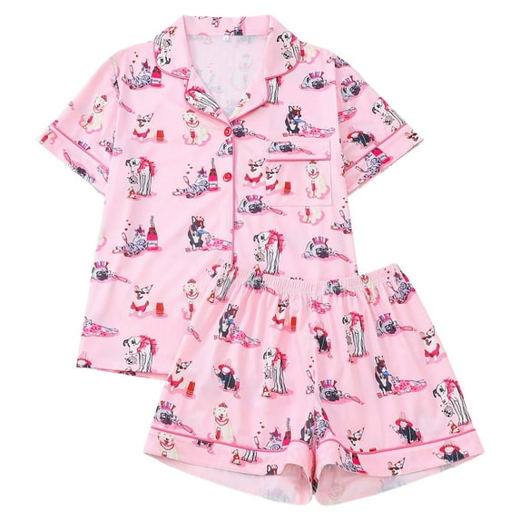 Tisuna 2 Pieces Sleep Outfits For Women Fashion Printed Lapel Collar Short Sleeve Shirts And Shorts Pajama Set Lightweight Casual Ladies Sleepwear Red Size L