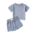 thumbnail image 1 of Tisuna 2 Pieces Solid Color Outfits Set For Toddler Short Sleeve Crew Neck Tops And Shorts Set Breathable Casual Baby Girls Boys Summer Tracksuit Clothes Blue Size 12-18 Months, 1 of 8