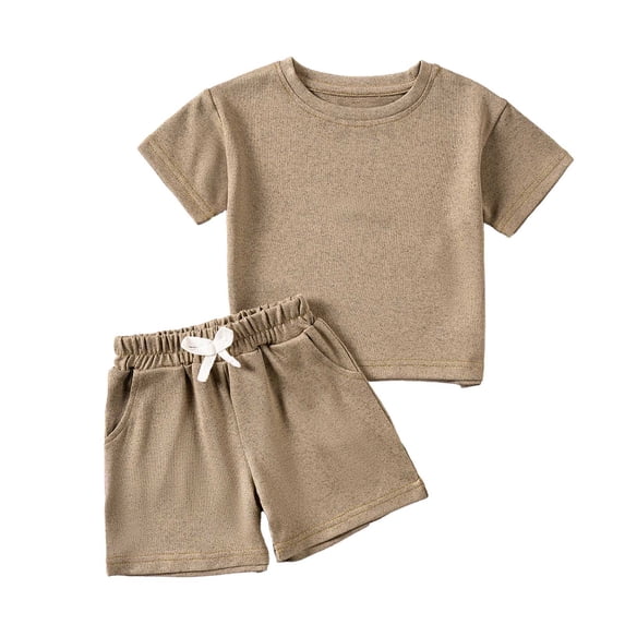 Tisuna 2 Pieces Solid Color Outfits Set For Toddler Short Sleeve Crew Neck Tops And Shorts Set Breathable Casual Baby Girls Boys Summer Tracksuit Clothes Brown Size 3-4 Years