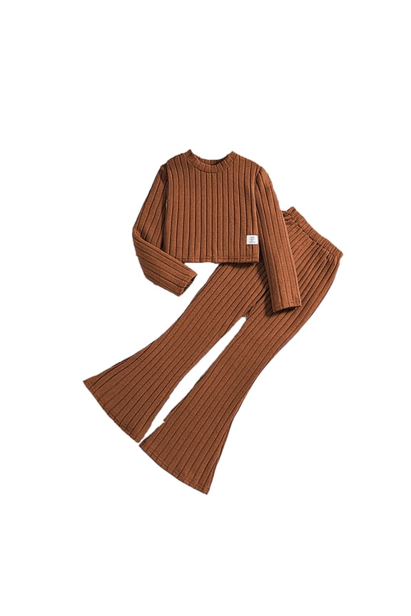 2 Pieces Stylish Knit Matching Set For Little Girls Solid Color Long Sleeve Crew Neck Tops With Elastic Waist Flare Leg Pants Comfortable Casual Big Kids Spring Outfit Set Brown