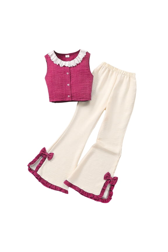 2 Pieces Summer Outfits For Little Girls Solid Color Sleeveless Crew Neck Vest And Flare Leg Pants Set Soft Fashion Teen Girls Holiday Clothing Set Pink Size 9-10 Years