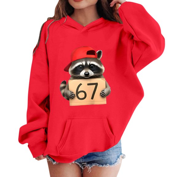 Tisuna 67 Hoodie For Girls Boys Child Cartoon Print Long Sleeve Hooded Tops Comfortable Soft Kids Spring Autumn Outfits Size 3-4 Years Red