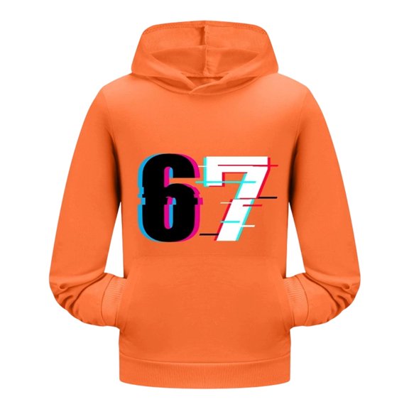 Tisuna 67 Hoodie Sweatshirt For Girls Boys Child Cartoon Print Long Sleeve Hooded Tops Stylish Stretch Kids Spring Autumn Clothes Size 5-6 Years Orange