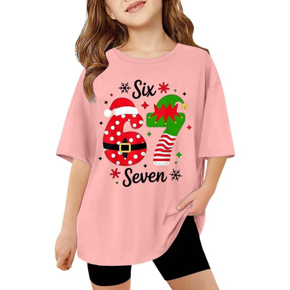 Tisuna 67 Shirt For Girls Boys Child Letter Print Short Sleeve Crew Neck Tops Comfortable Kids Spring Summer Loose Fit Pullover Outfits Pink Size 3-4 Years
