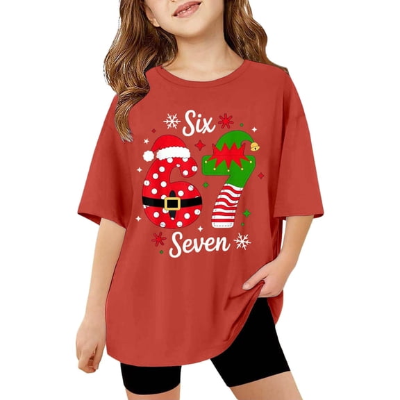 Tisuna 67 Shirt For Girls Boys Child Letter Print Short Sleeve Crew Neck Tops Comfortable Kids Spring Summer Loose Fit Pullover Outfits Red Size 3-4 Years