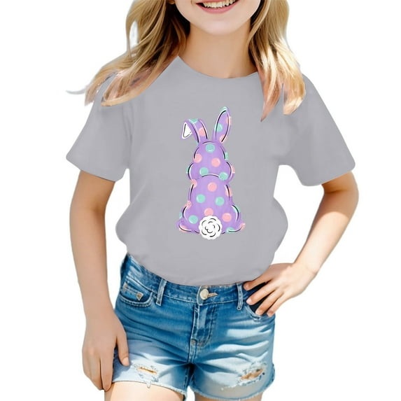Tisuna Adorable Easter T-Shirt For Girls Toddler Bunny Print Short Sleeve Crew Neck Tops Comfortable Soft Little Kids Festival Summer Tee Grey Size 6-7 Years