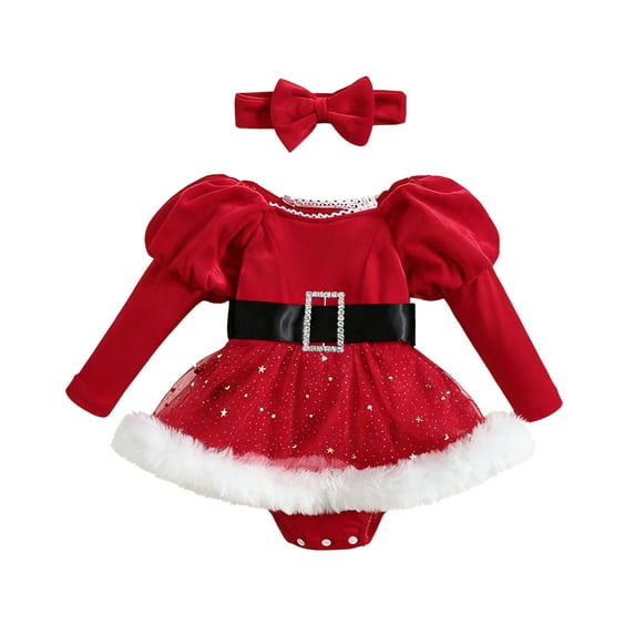Tisuna Baby Girls Bodysuit Solid Color Puff Sleeves Crew Neck Roomper Cute Fashion Festive Holiday Girls Dresses With Headband Red Size 3-6 Months