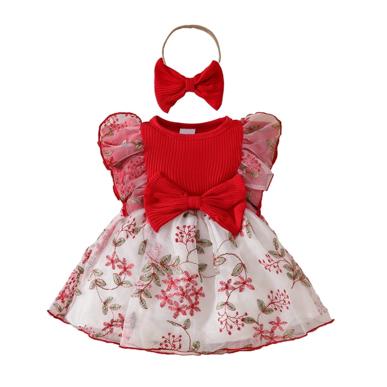 Tisuna Baby Girls Summer Dress Infant Floral Print Ruffled Sleeve Crew Neck  Dresses Fashion Stylish Girls Mesh Dress With Headband Red Size 6-9 Months  - Walmart.com