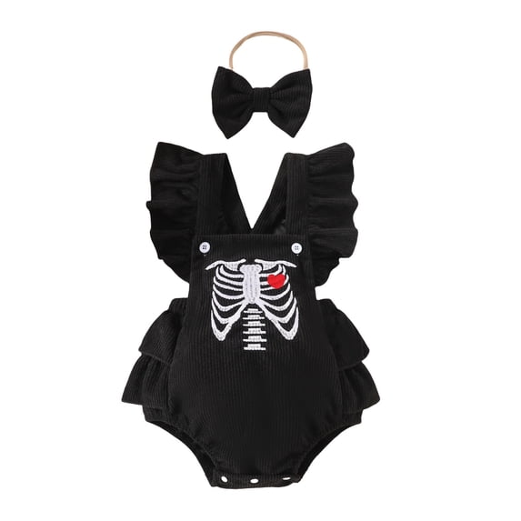 Tisuna Baby Halloween Skeleton Print Romper For Girls Lightweight Ruffled Sleeve Square Neck Jumpsuit With Headband Kids Halloween Theme Party Bodysuit Size 6-12 Months Black