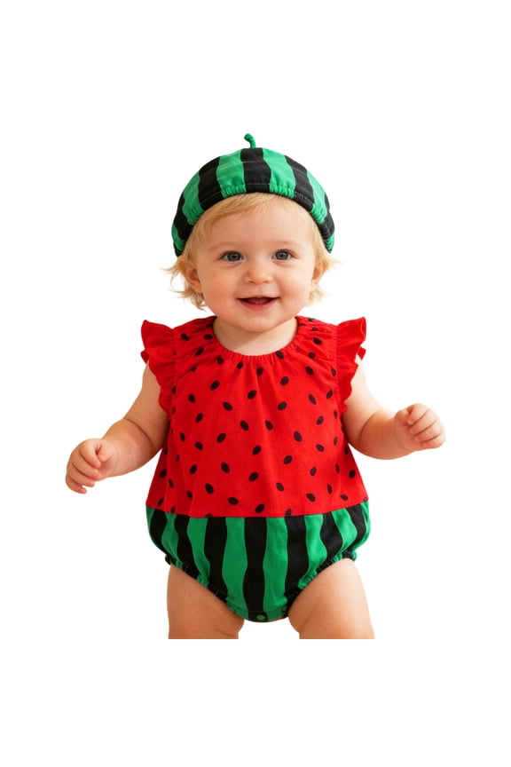Baby Summer Bodysuit Outfit With Hat Cute Cartoon Watermelon Print Ruffled Sleeve Crew Neck Romper Lightweight Casual Boys Girls Party Playwear Red Size 1-3 Months