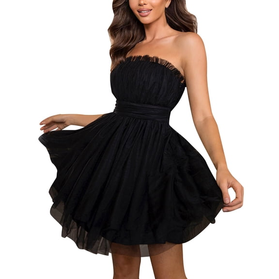 Tisuna Black Casual Mesh Dress For Women Solid Color Sleeveless Off The Shoulder Dresses Lightweight Soft Ladies Festival Puffy Dress Size S