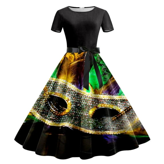 Tisuna Black Mardi Gras Long Dress For Women Fashion Print Short Sleeve Crew Neck Dresses Comfortable Loose Ladies Festival Cocktail Dress Size L