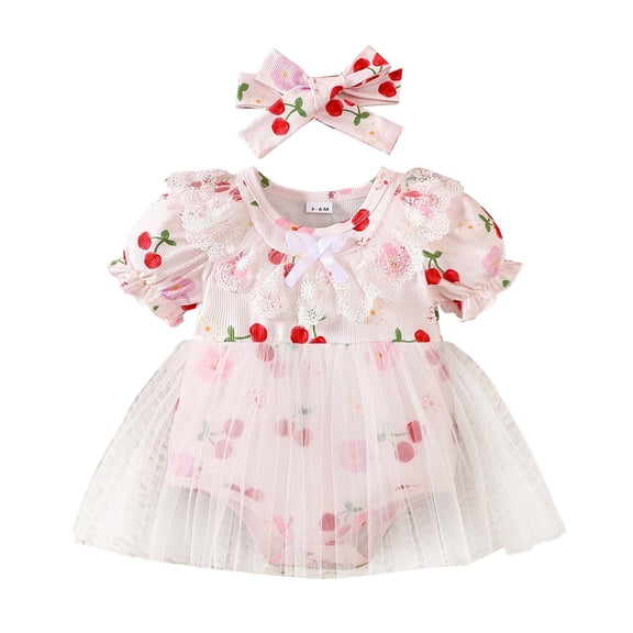 Tisuna Bodysuit Dress For Baby Girls Cherry Print Short Sleeve Crew Neck Jumpsuit Cute Beauty Baby Pullover Bodysuit With Headband Pink Size 0-3 Months