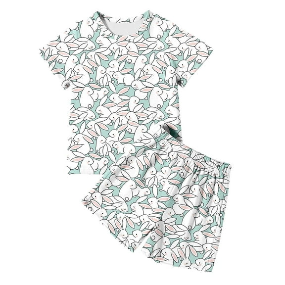 Tisuna Boys 2 Pieces Easter Pajamas Outfits Set Child Diy Print Short Sleeve Crew Neck Sleepwear Casual Comfortable Summer Kids Clothing Set White Size 3-4 Years