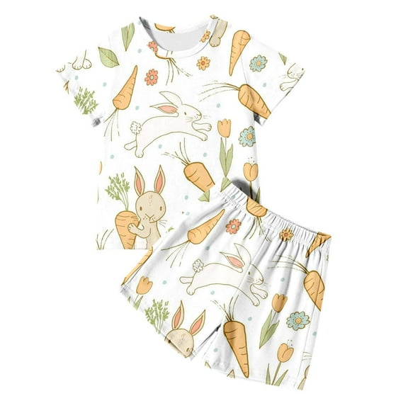 Tisuna Boys 2 Pieces Easter Pajamas Outfits Set Child Diy Print Short Sleeve Crew Neck Sleepwear Casual Comfortable Summer Kids Clothing Set White Size 6-7 Years
