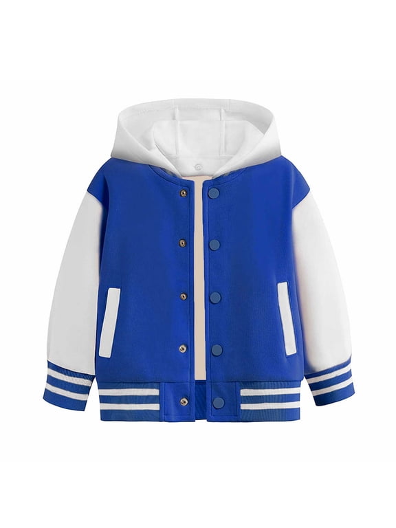 Boys Baseball Jacket Thermal Snap Button Hooded Jackets Kids Color Block Casual Wear Outerwear Coat Size 1-2 Years Blue