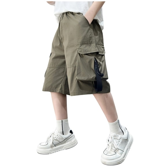 Tisuna Boys Cargo Shorts Child Solid Color Elastic Waist Straight Leg Shorty Casual Breathable Summer Kids Daily Wear 6-7 Years Green