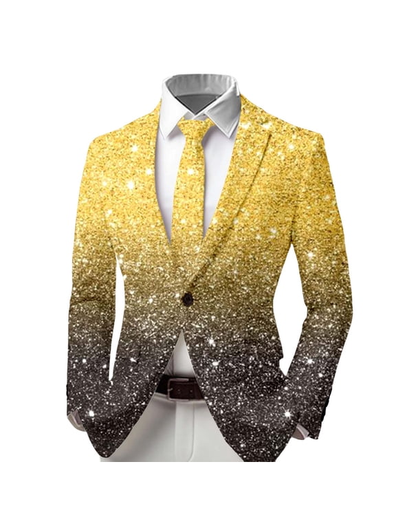 Boys Christmas Suit Jacket Soft Button Down Collared Formal Jackets Kids Sequin Gradient Print Holiday Events Uniform Coat Size 9-10 Years Light Yellow