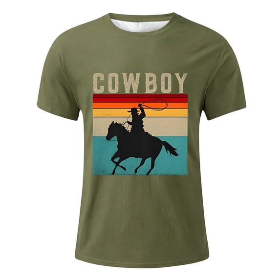 Tisuna Boys Cowboy T Shirts Kids Short Sleeve Graphic Print Crew Neck Tops Lightweight Boys Everyday Wear Tee Shirts Size 2-3 Years Army Green