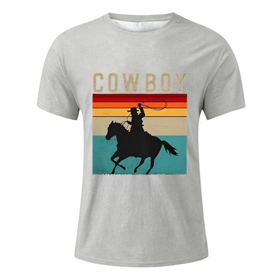 Tisuna Boys Cowboy T Shirts Kids Short Sleeve Graphic Print Crew Neck Tops Lightweight Boys Everyday Wear Tee Shirts Size 6-7 Years Light Gray