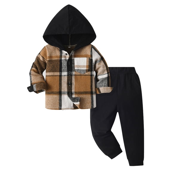 Tisuna Boys Fall Hoodie Outfit Set Kids Loose Plaid Print Long Sleeve Hooded Button Coat And Pants 2 Pieces Outfit Set For Children Outdoor Wear Size 18-24 Months