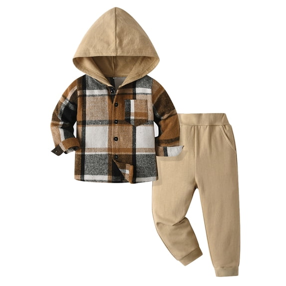 Tisuna Boys Fall Hoodie Outfit Set Kids Loose Plaid Print Long Sleeve Hooded Button Coat And Pants 2 Pieces Outfit Set For Children Outdoor Wear Size 18-24 Months