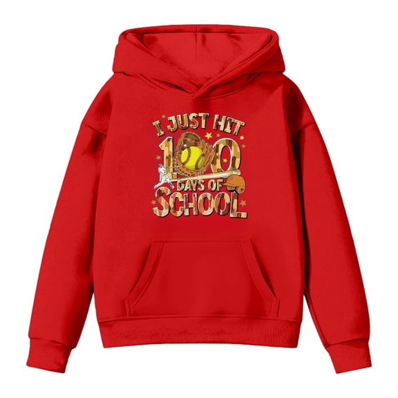 Tisuna Boys Girls Fashion Hoodie Child 100Th Days Of School Print Long Sleeve Hooded Tops Casual Comfortable Kids Autumn Winter School Wear Red Size 2-3 Years