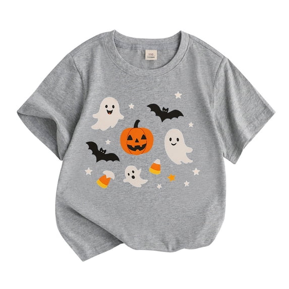 Tisuna Boys Girls Halloween Shirt Child Pumpkin Ghost Print Short Sleeve Crew Neck Tops Cute Fashion Kids Clothes Grey Size 5-6 Years