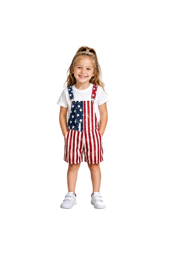 Boys And Girls USA Anniversary 250 Years Overalls Kids American Flag Print Suspender Jumpsuit Pants Loose Fit 4Th Of July Patriotic Romper Red Size 4-5 Years