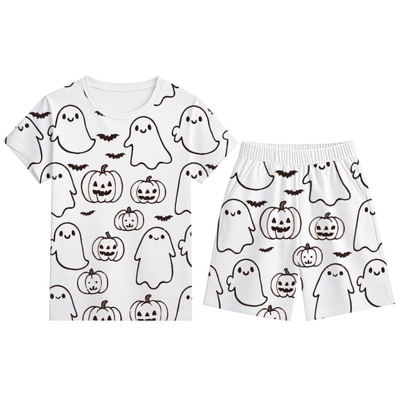 Tisuna Boys Halloween Diy Pajama Set Pumkin Ghost Print Short Sleeve Round Neck Shorts Sleepwear Outfit Cute Fashion Loungewear For Kids 2-12 Years White Size 3-4 Years