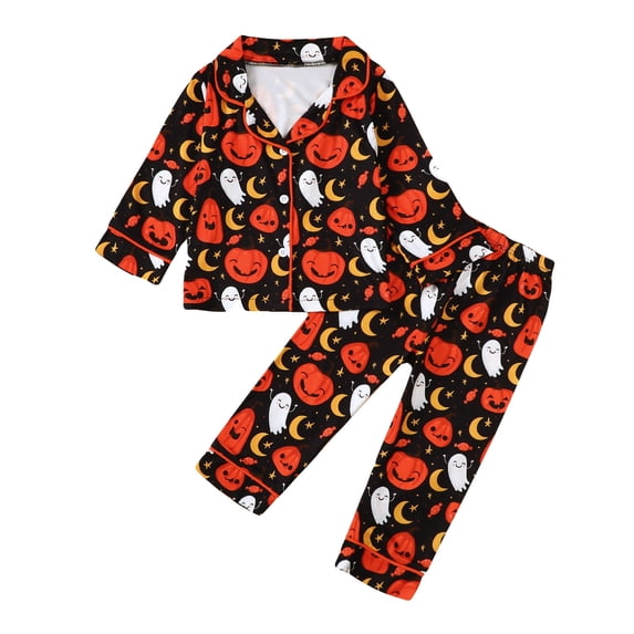 Tisuna Boys Halloween Pajama Set Long Sleeve Two Piece Outfit Pumpkin Ghost Print Sleepwear For Toddler Kids Comfortable Loungewear Orange Size 18-24 Months
