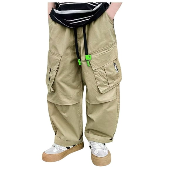 Tisuna Boys Pants Child Solid Color Elastic Waist Straight Leg Trousers Lightweight Casual Spring Autumn Boys Cargo Pants Khaki Size 4-5 Years