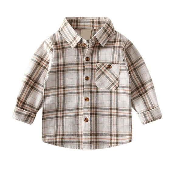 Tisuna Boys Shirt Toddler Plaid Print Long Sleeve Lapel Neck Tops Comfortable Leisure Autumn Kids Daily Wear Beige Size 18-24 Months