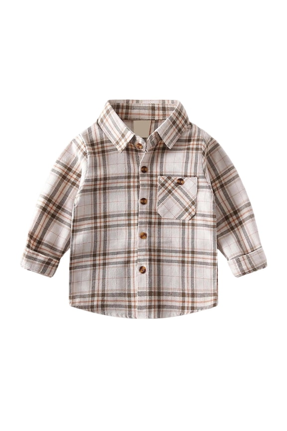Boys Shirt Toddler Plaid Print Long Sleeve Lapel Neck Tops Comfortable Leisure Autumn Kids Daily Wear Beige Size 18-24 Months