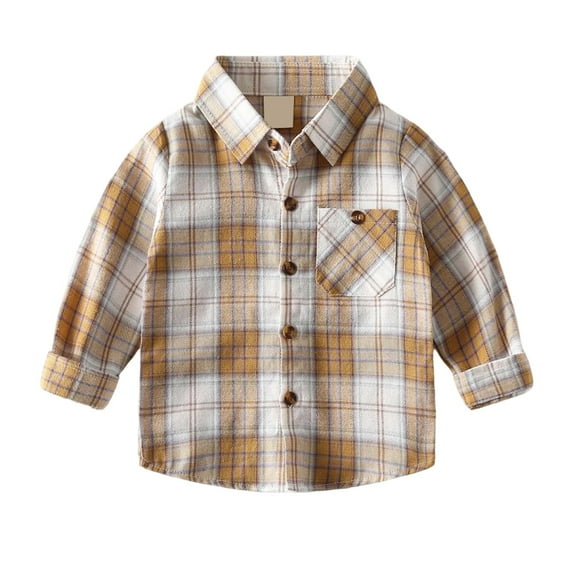 Tisuna Boys Shirt Toddler Plaid Print Long Sleeve Lapel Neck Tops Comfortable Leisure Autumn Kids Daily Wear Yellow Size 12-18 Months