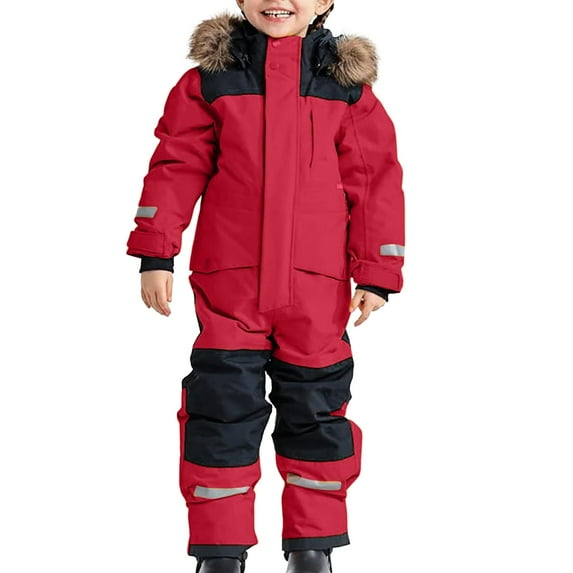 Tisuna Boys Snowsuit Child Color block Long Sleeve Removeable Hooded Jacket Windproof Thick Winter Kids Romper Snow Wear Red Size 3-4 Years