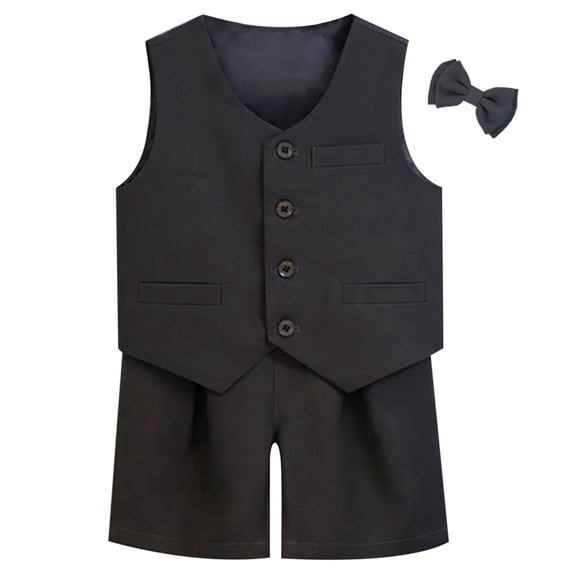 Tisuna Boys Solid Color Suit Set Child Sleeveless Button Down Vest And Shorts Set Comfortable Handsome Little Boys Performance Wedding Outfits With Bowtie Grey Size 11-12 Years
