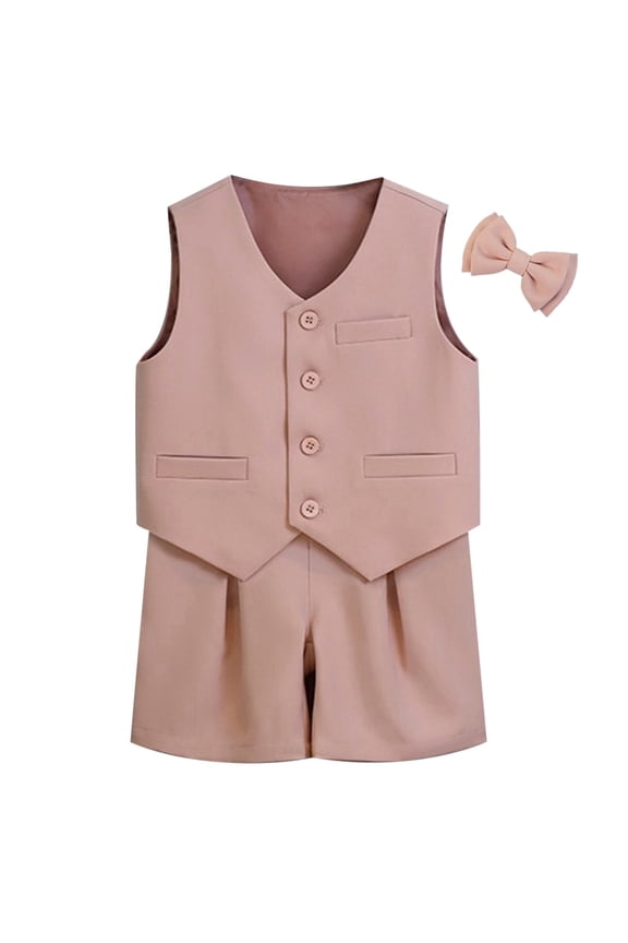Boys Solid Color Suit Set Child Sleeveless Button Down Vest And Shorts Set Comfortable Handsome Little Teen Boys Performance Wedding Outfits With Bowtie Pink Size 3-4 Years