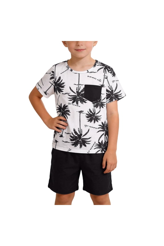 Boys Summer Outfits Set Child Coconut Tree Print Short Sleeve Crew Neck Tshirt With Solid Color Shorts Breathable Casual Little Boys 2 Pieces Clothing Set Black Size 7-8 Years