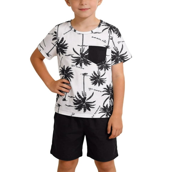 Tisuna Boys Summer Outfits Set Child Coconut Tree Print Short Sleeve Crew Neck Tshirt With Solid Color Shorts Breathable Casual Little Boys 2 Pieces Clothing Set Black Size 9-10 Years