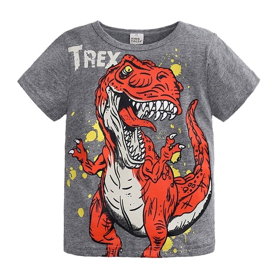 Tisuna Boys Summer T Shirts Toddler Dinosaur Print Short Sleeve Crew Neck Tops Little Boys Cute Fashion Holiday Party Play Street Wear Grey Size 6-7 Years