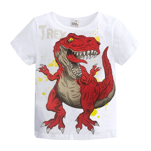 Tisuna Boys Summer T Shirts Toddler Dinosaur Print Short Sleeve Crew Neck Tops Little Boys Cute Fashion Holiday Party Play Street Wear White Size 6-7 Years