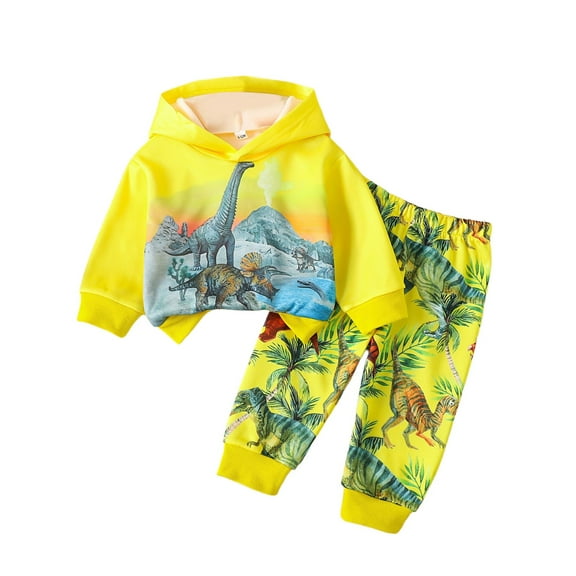 Tisuna Boys Sweatsuit Dinosaur Print Long Sleeve Hooded Tracksuit Warm Loose Boys Fall Winter Holiday Casual 2 Pieces Outfits 9-12 Months Yellow
