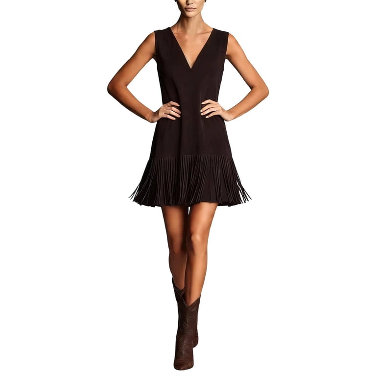 dress size for slim ladies Tisuna Bronze Western Style Womens Solid Color Sleeveless V Neck Dresses Soft Casual Fit Summer Tassels Cowgirls Dress M Double Breasted