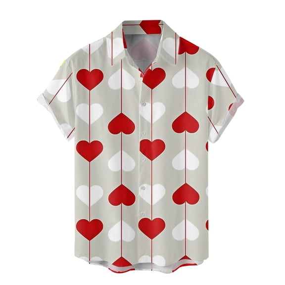 Tisuna Button Down Shirt For Men Heart Print Short Sleeve Lapel Neck Tops Fashion Lightweight Men'S Valentine Tees Shirt M