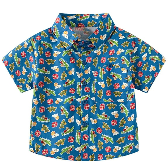Tisuna Button Down T Shirt For Boys Toddler Dinosaur Print Short Sleeve Lapel Neck Tops Casual Cute Boys Child Summer Outfits Blue Size 3-4 Years