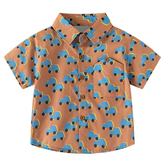 Tisuna Button Down T Shirt For Boys Toddler Dinosaur Print Short Sleeve Lapel Neck Tops Casual Cute Boys Child Summer Outfits Coffee Size 5-6 Years