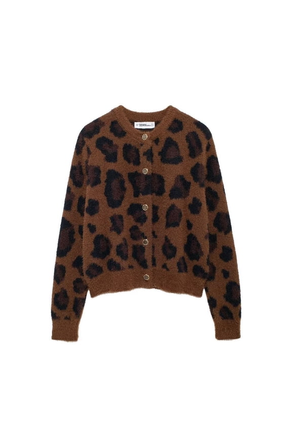 Cardigan Sweaters For Women Leopard Print Long Sleeve Crew Neck Tops Comfortable Casual Women Fall Winter Button Up Coat Coffee Size L