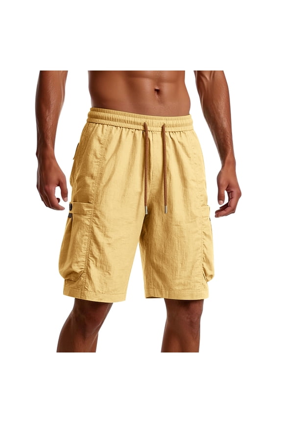 Cargo Shorts For Men Solid Color Elastic Waist Straight Leg Shorty Loose Comfort Man Casual Athletic Workout Shorts Light Yellow Size M