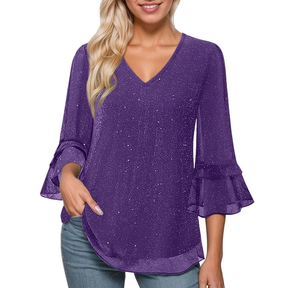 Tisuna Carnival Casual Shirt For Women Sequin Solid Color Long Sleeve V Neck Tops Fashion Soft Ladies Festival Pullover Blouse Purple